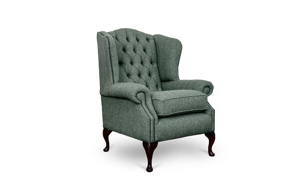 Dorothy   wing back chair in Jade Herringbone wool
