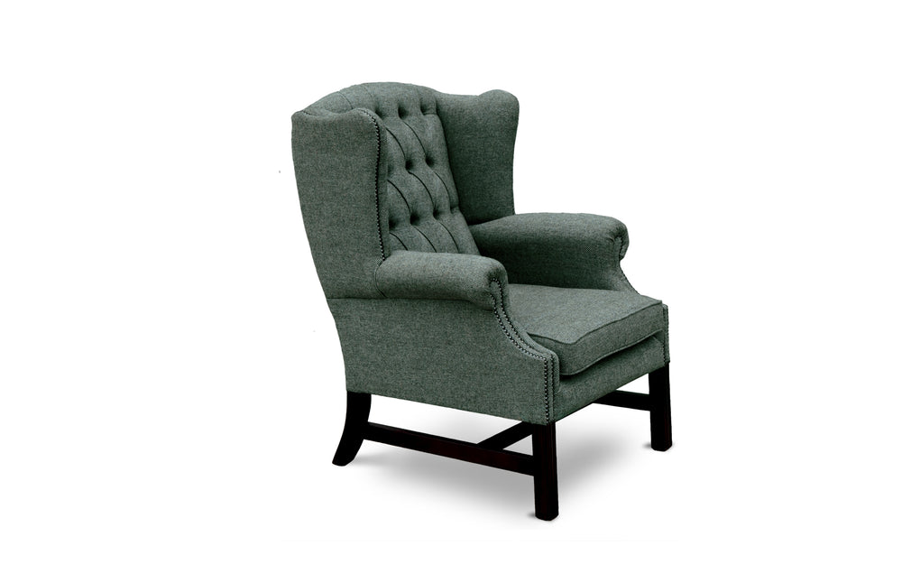 Elsie   wing back chair in Jade Herringbone wool
