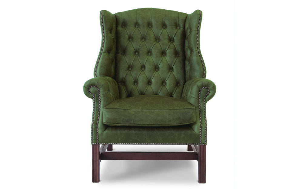 Clementine   wing back chair in Green Vintage leather
